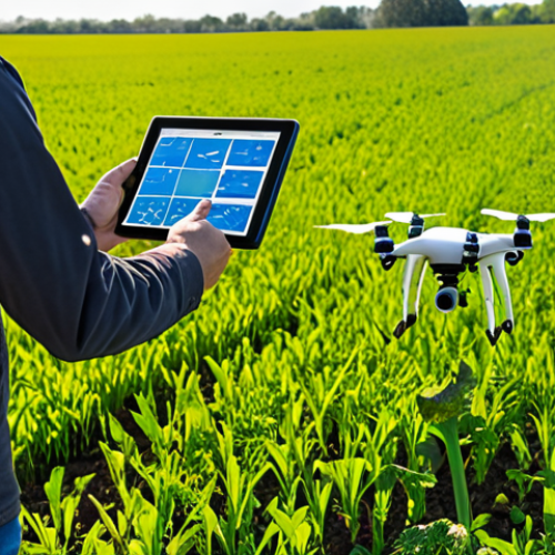Home 11 A modern agricultural technician standing in a vibrant green field, looking at a tablet displaying real-time data maps from drones flying overhead and various sensors embedded in the soil. The scene should convey precision agriculture, showing detailed digital overlays on a healthy crop, with a focus on data-driven decision-making, efficiency, and resource optimization. Emphasize bright, natural lighting and advanced, yet seamlessly integrated, technology.