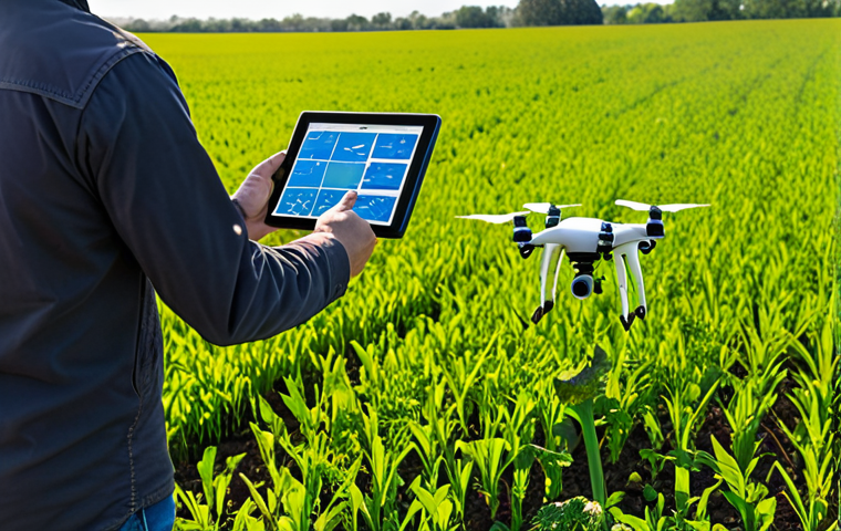 A modern agricultural technician standing in a vibrant green field, looking at a tablet displaying real-time data maps from drones flying overhead and various sensors embedded in the soil. The scene should convey precision agriculture, showing detailed digital overlays on a healthy crop, with a focus on data-driven decision-making, efficiency, and resource optimization. Emphasize bright, natural lighting and advanced, yet seamlessly integrated, technology.