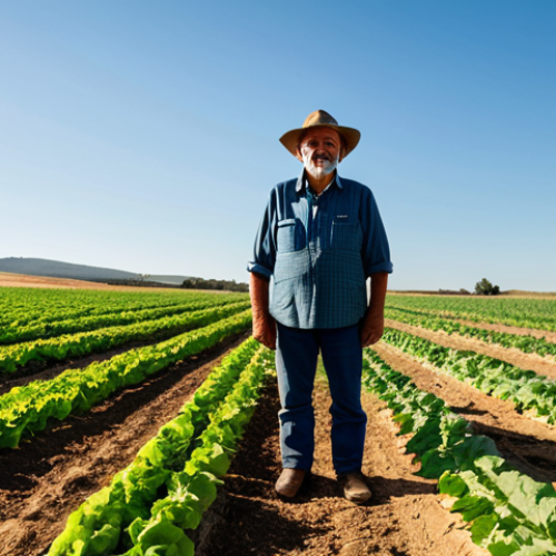 Home 6 A compassionate and wise middle-aged Spanish organic farmer, fully clothed in modest, practical farm attire, observing thriving rows of diverse organic crops in a sun-drenched field in Extremadura, Spain. The soil is rich and dark, reflecting health and biodiversity. In the background, a traditional Spanish farmhouse stands under a clear sky, subtly hinting at heritage and community. The scene conveys the vitality of the land and a connection to sustainable agricultural practices. Professional photography, golden hour lighting, vibrant colors, shallow depth of field, safe for work, appropriate content, family-friendly, perfect anatomy, correct proportions, natural pose, well-formed hands, proper finger count, natural body proportions.