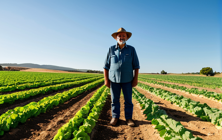 A compassionate and wise middle-aged Spanish organic farmer, fully clothed in modest, practical farm attire, observing thriving rows of diverse organic crops in a sun-drenched field in Extremadura, Spain. The soil is rich and dark, reflecting health and biodiversity. In the background, a traditional Spanish farmhouse stands under a clear sky, subtly hinting at heritage and community. The scene conveys the vitality of the land and a connection to sustainable agricultural practices. Professional photography, golden hour lighting, vibrant colors, shallow depth of field, safe for work, appropriate content, family-friendly, perfect anatomy, correct proportions, natural pose, well-formed hands, proper finger count, natural body proportions.