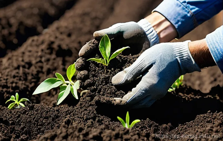 친환경농업기술자 업무 개선을 위한 팁 - **Prompt:** "A close-up, vibrant and earthy photograph capturing a farmer's hands gently sifting thr...