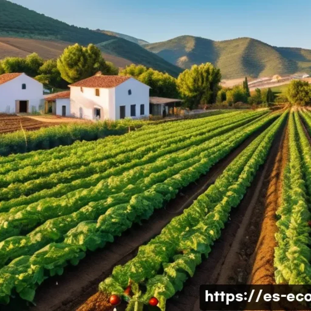 친환경농업기술자 자격증 취득 후 직무 변화 - A vibrant sustainable organic farm in Spain during golden hour, showcasing diverse crops like tomato...
