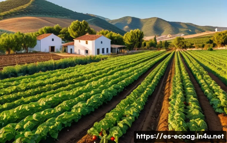친환경농업기술자 자격증 취득 후 직무 변화 - A vibrant sustainable organic farm in Spain during golden hour, showcasing diverse crops like tomato...