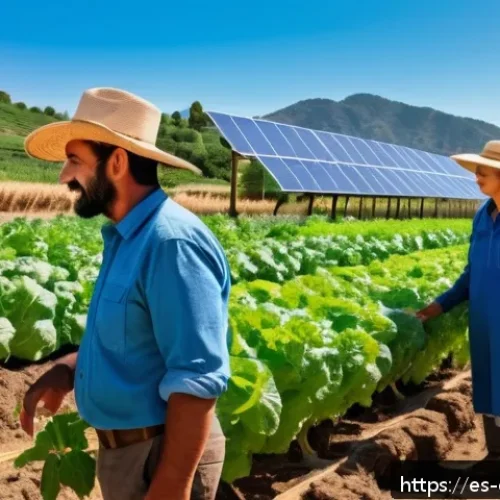 Home 15 친환경농업기술자 자격증 취득 후 기회 - A vibrant organic farm scene in a sunny Spanish countryside, showcasing a diverse group of farmers i...