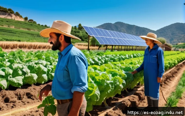 친환경농업기술자 자격증 취득 후 기회 - A vibrant organic farm scene in a sunny Spanish countryside, showcasing a diverse group of farmers i...